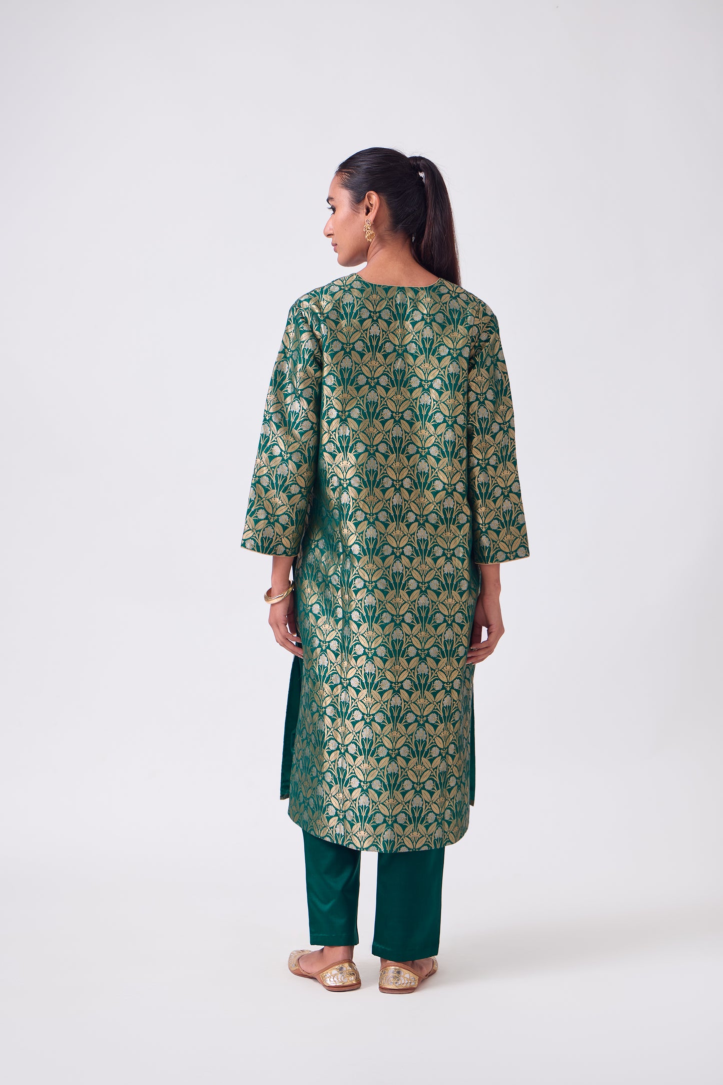 Kurta - Bottle Green Silk Brocade