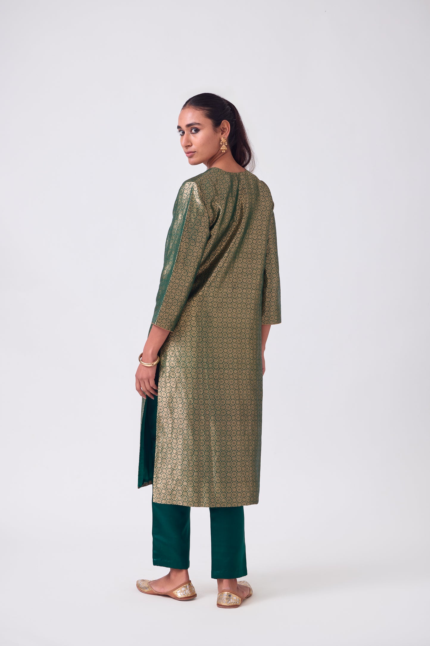 Kurta - Bottle Green Silk Brocade