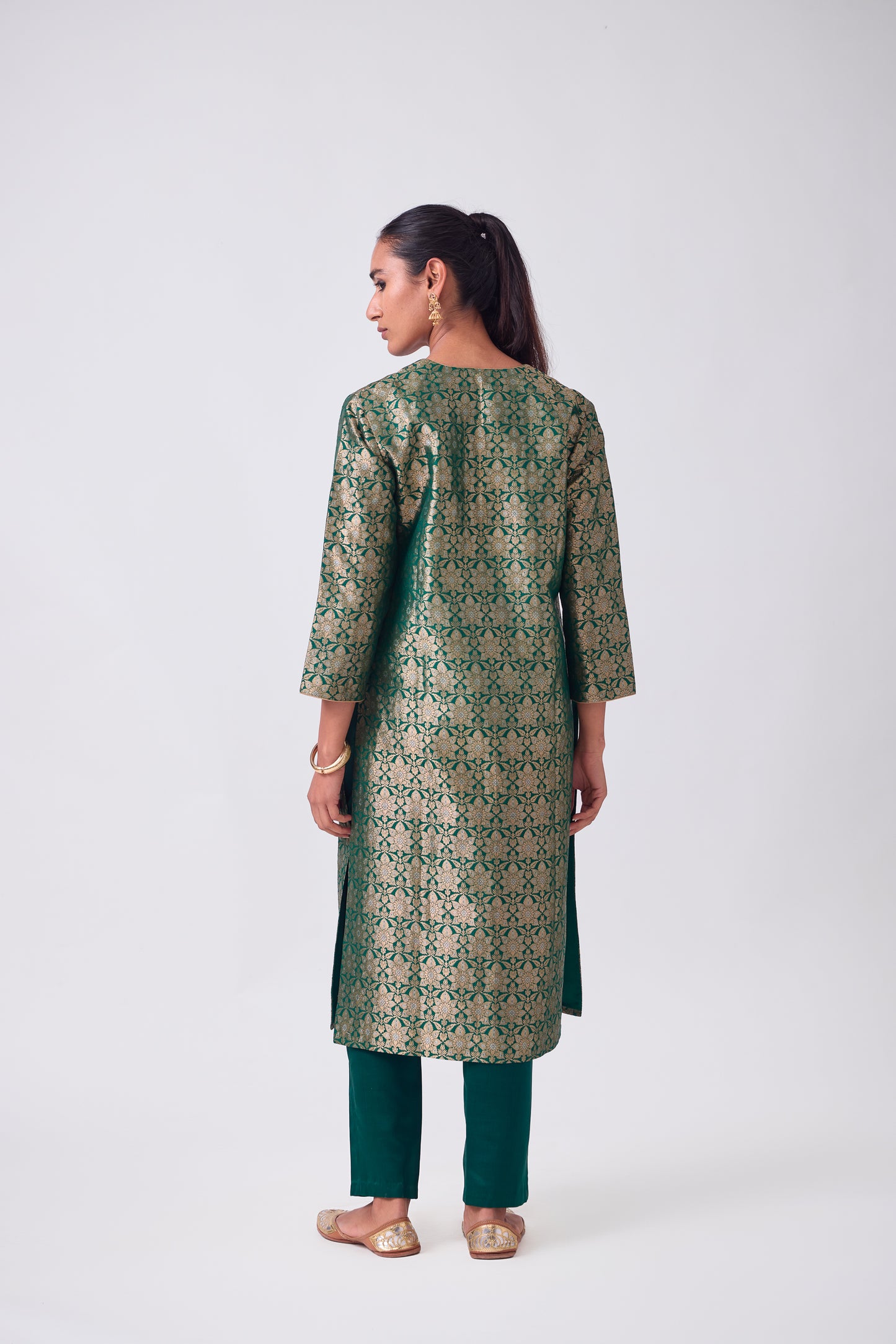 Kurta - Bottle Green Silk Brocade
