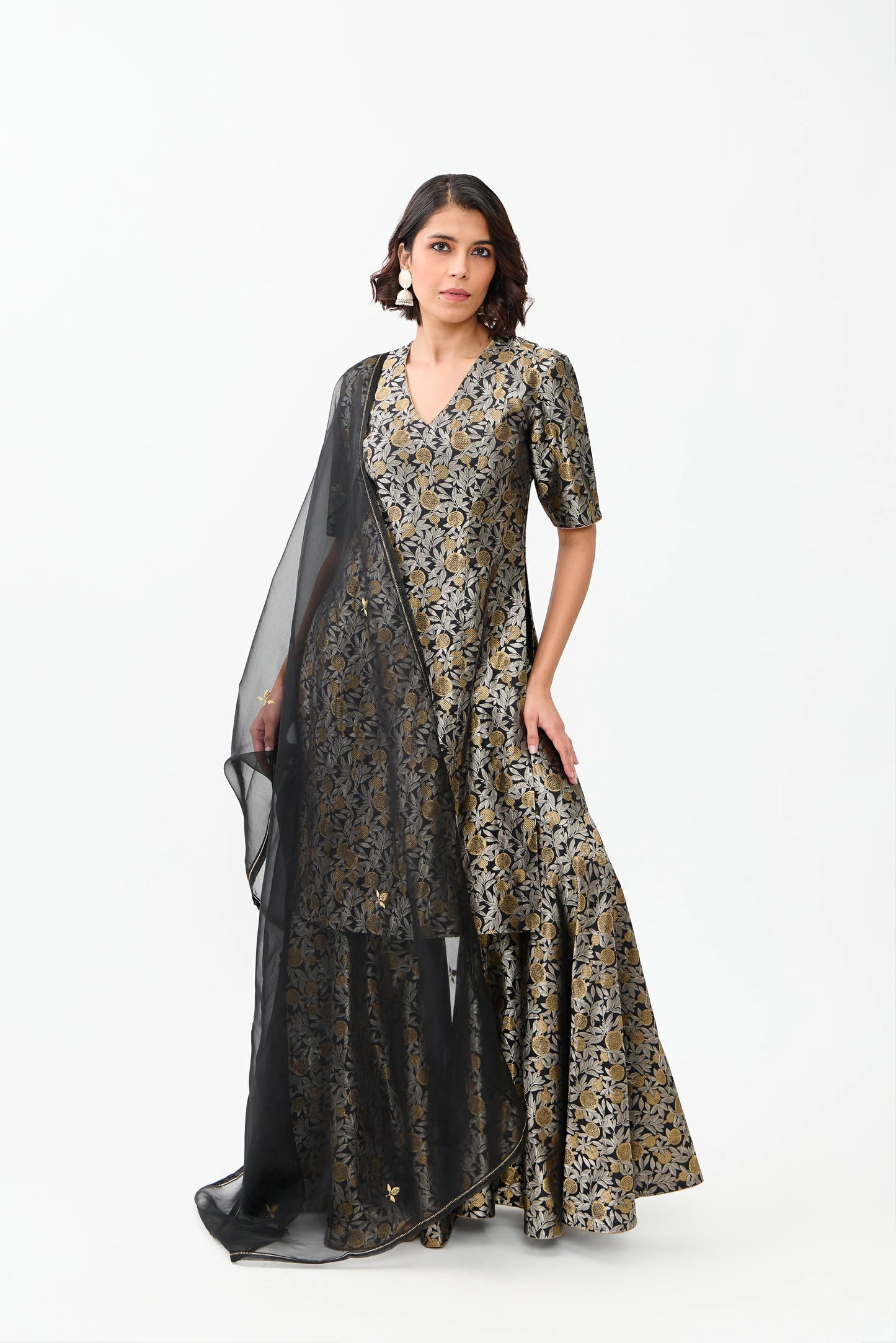 Anarkali Varanasi Silk Brocade Sharara Silver and Gold Zari