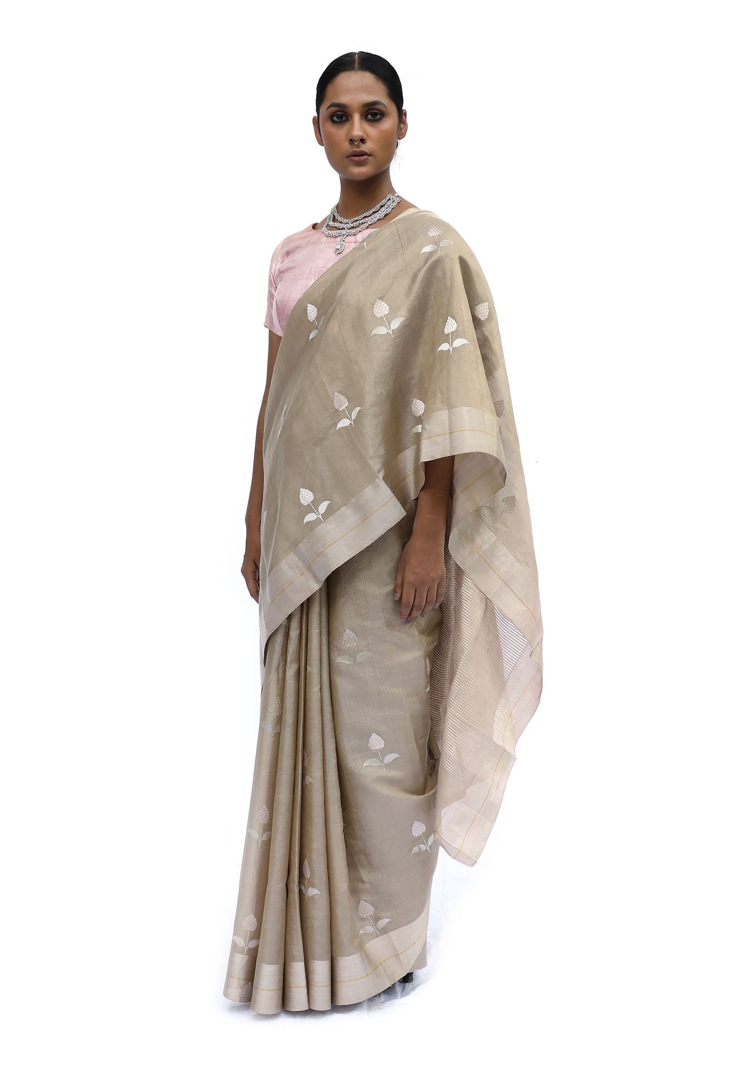 BOA -  Beige Chanderi Silk Tissue Saree