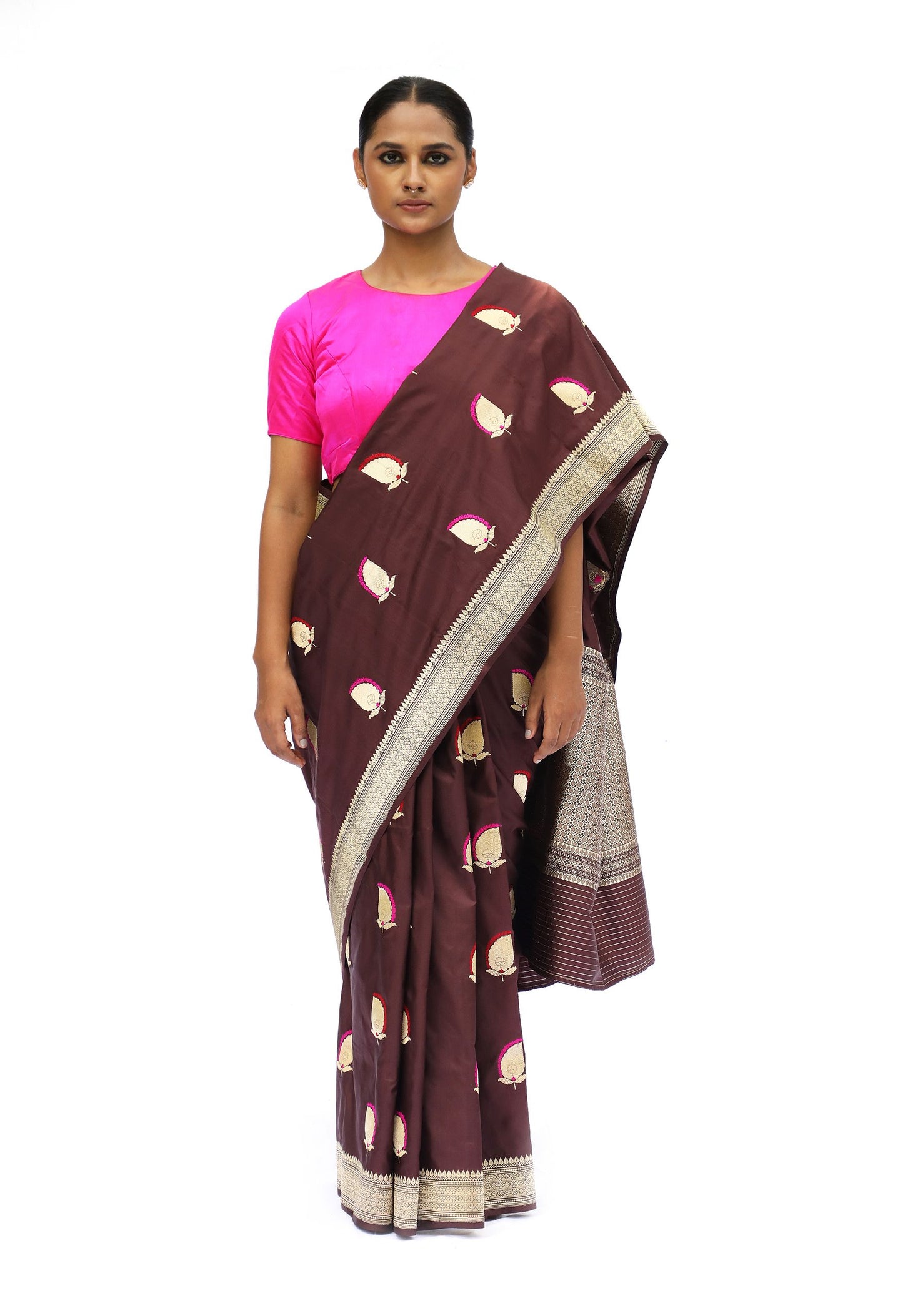 PHOOLIJAAN - dark brown katan silk saree