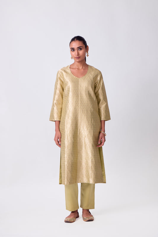 Kurta - Lime Yellow Silk Brocade