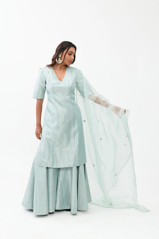 Richa Varanasi Satin Brocade Sharara Silver Zari