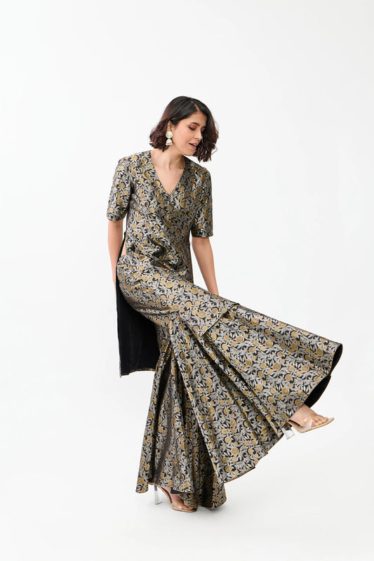 Anarkali Varanasi Silk Brocade Sharara Silver and Gold Zari