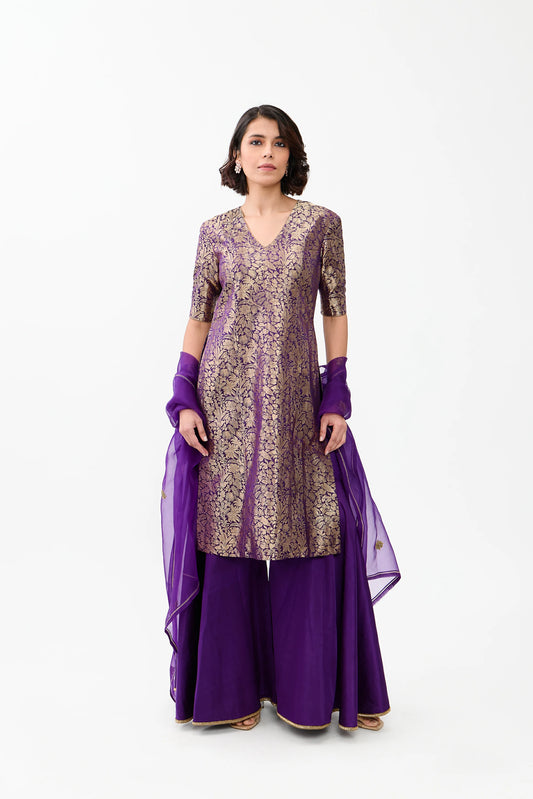 Mahira Sharara with Brocade Kurta and Plain Satin Sharara with emobroidery border