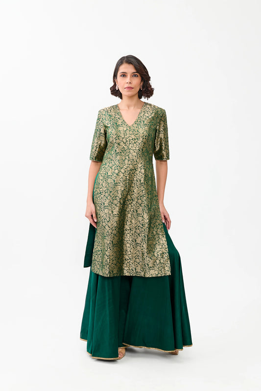 Mahira Sharara with Brocade Kurta and Plain Satin Sharara with emobroidery border