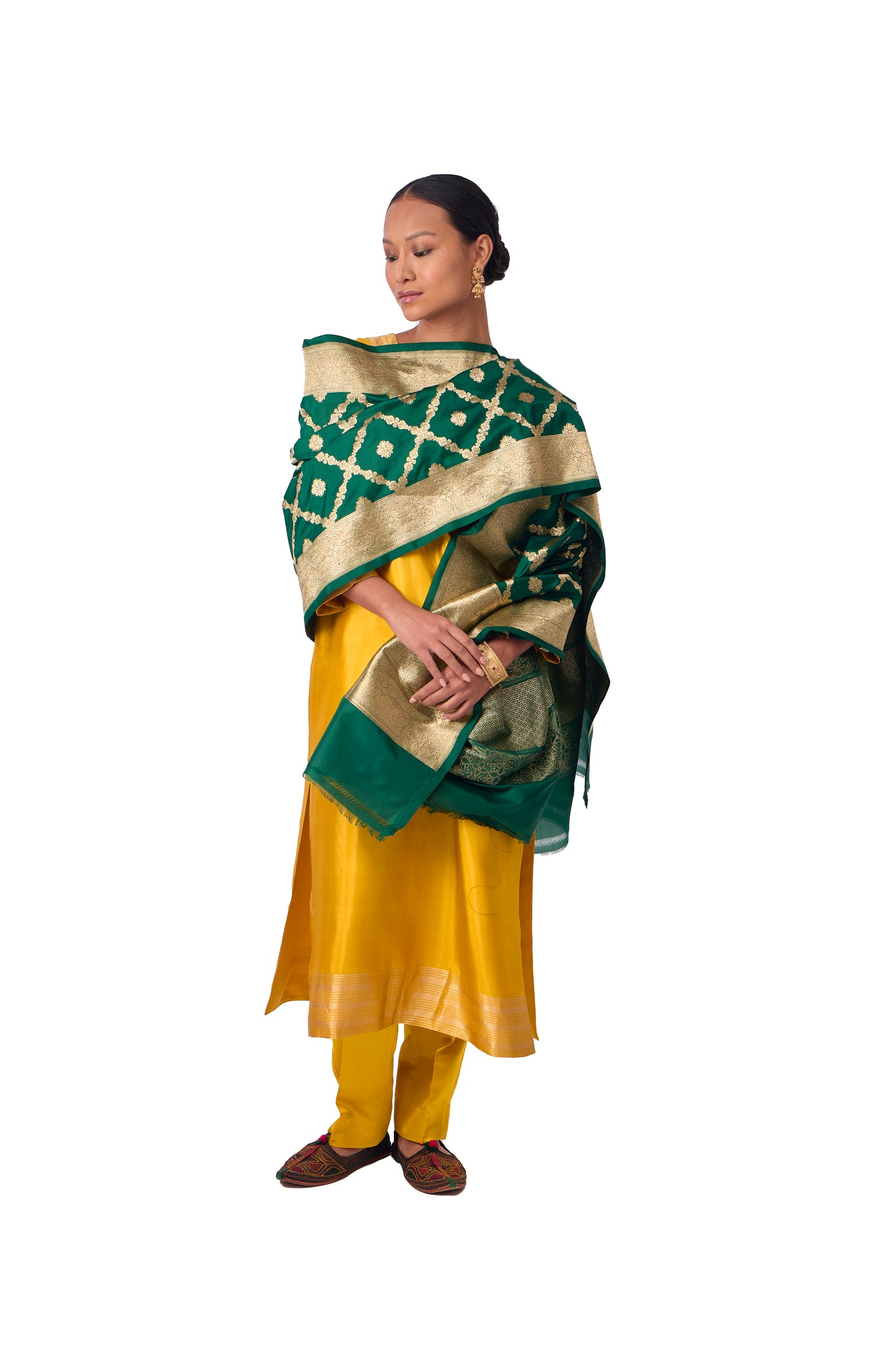 Bottle Green Katan silk Jaal Dupatta