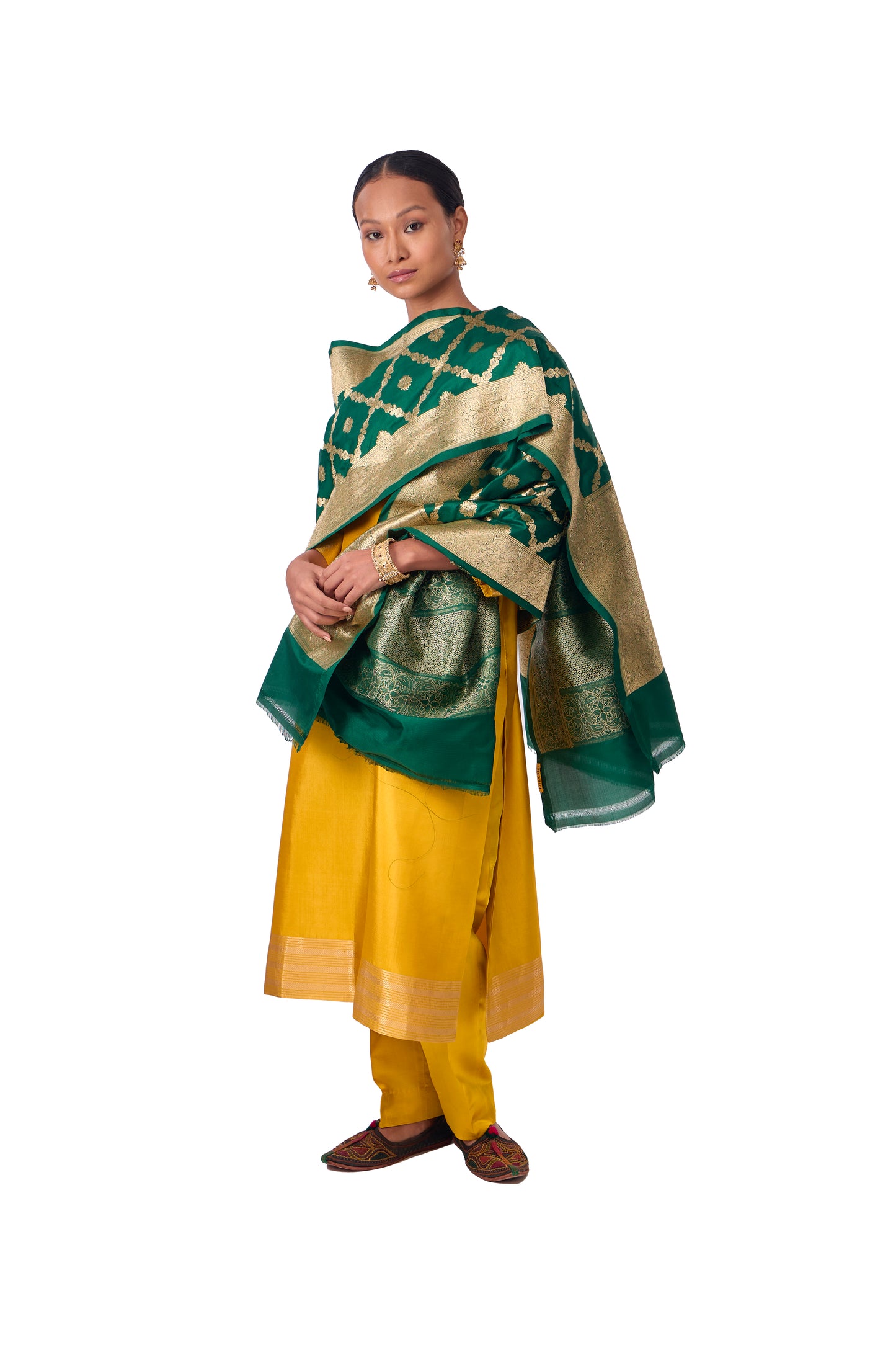 Bottle Green Katan silk Jaal Dupatta