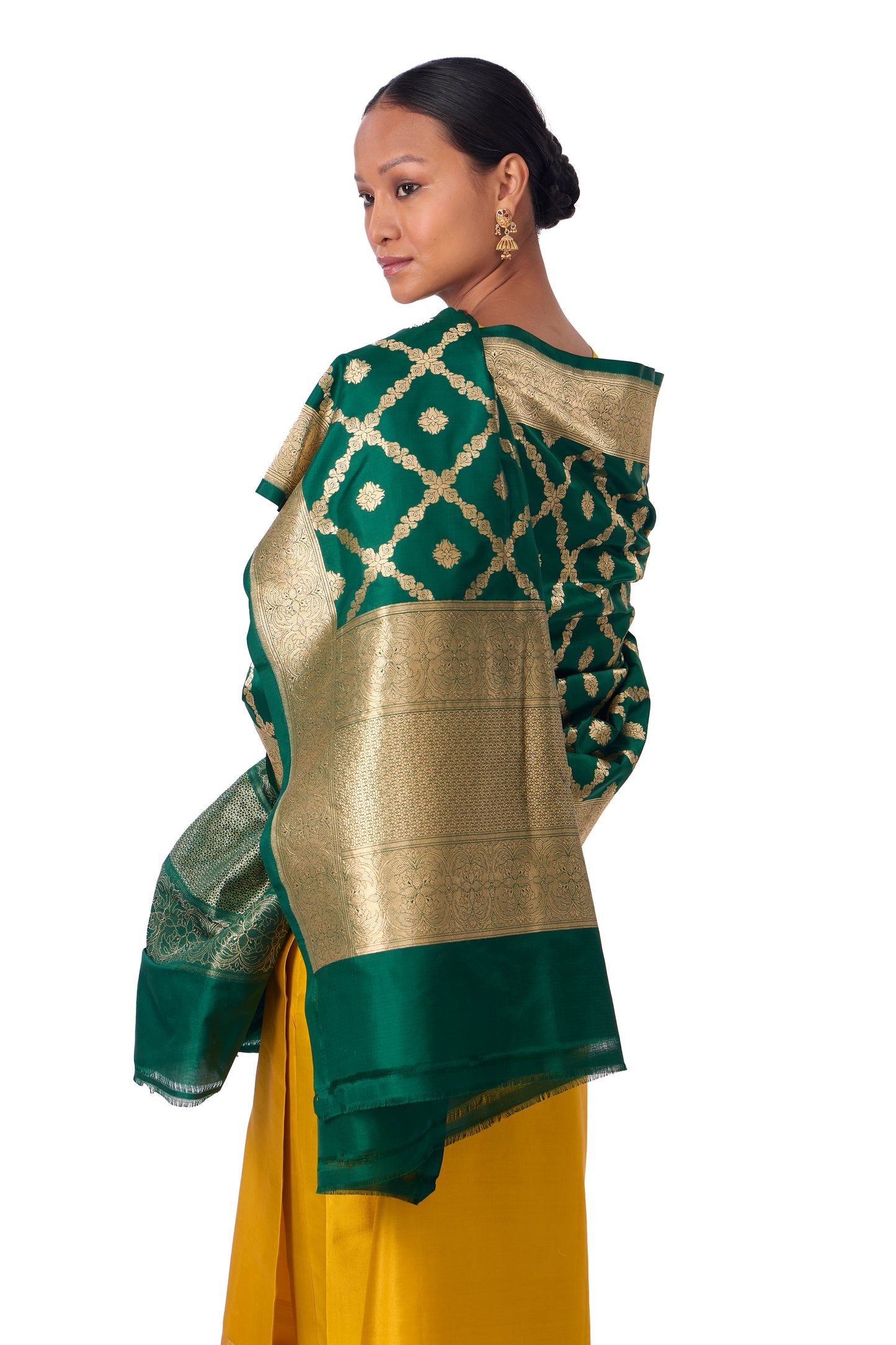 Bottle Green Katan silk Jaal Dupatta