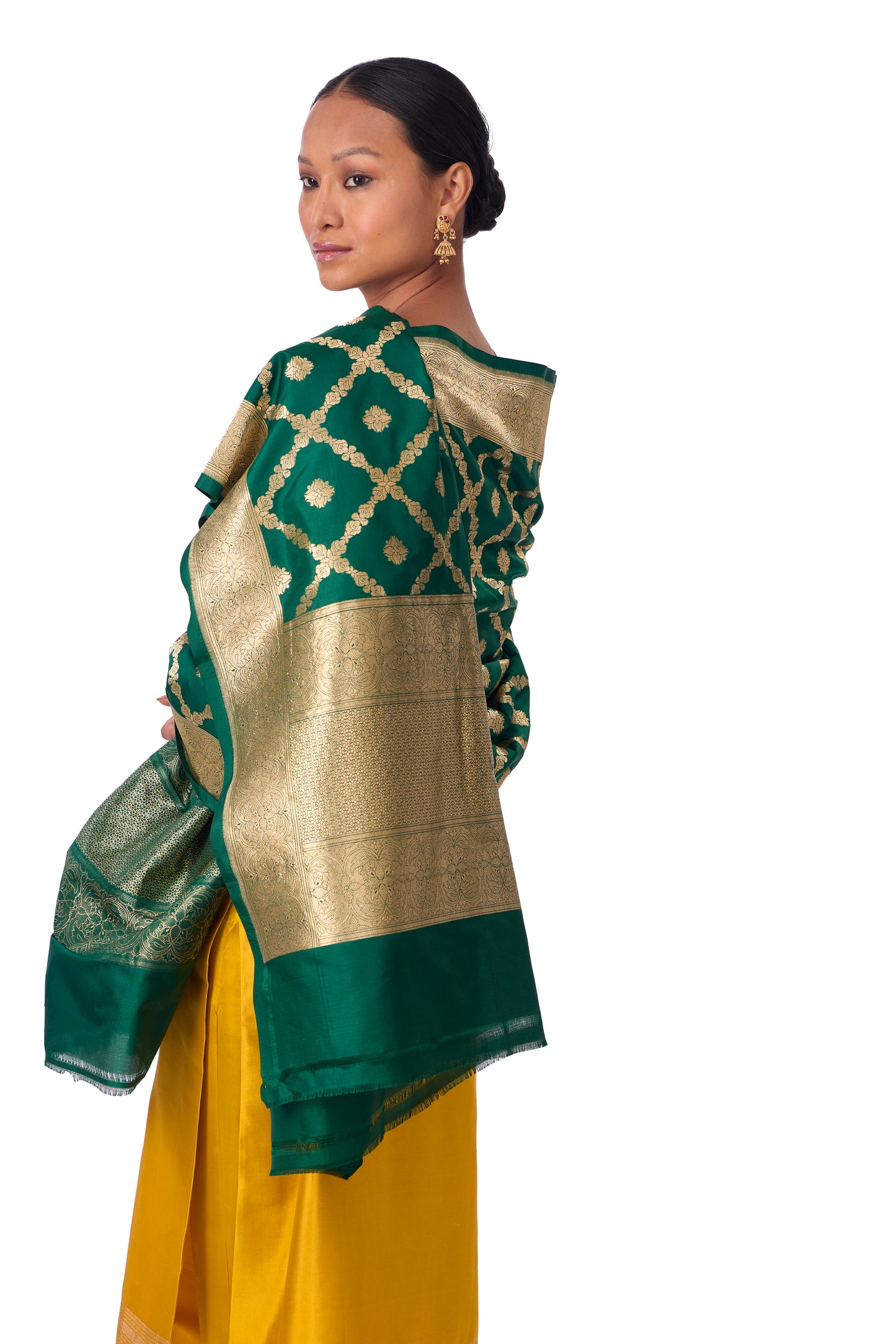 Bottle Green Katan silk Jaal Dupatta