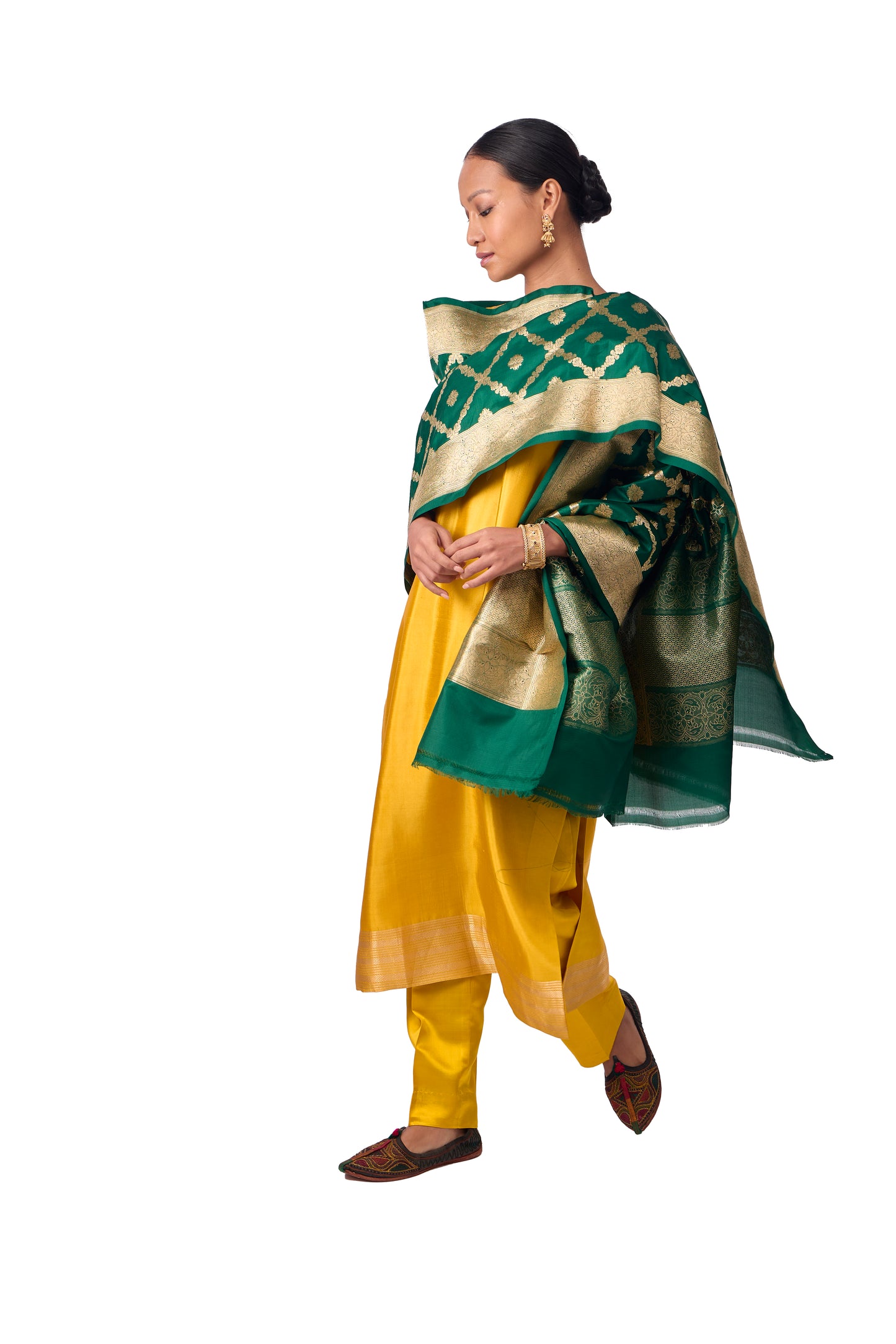 Bottle Green Katan silk Jaal Dupatta