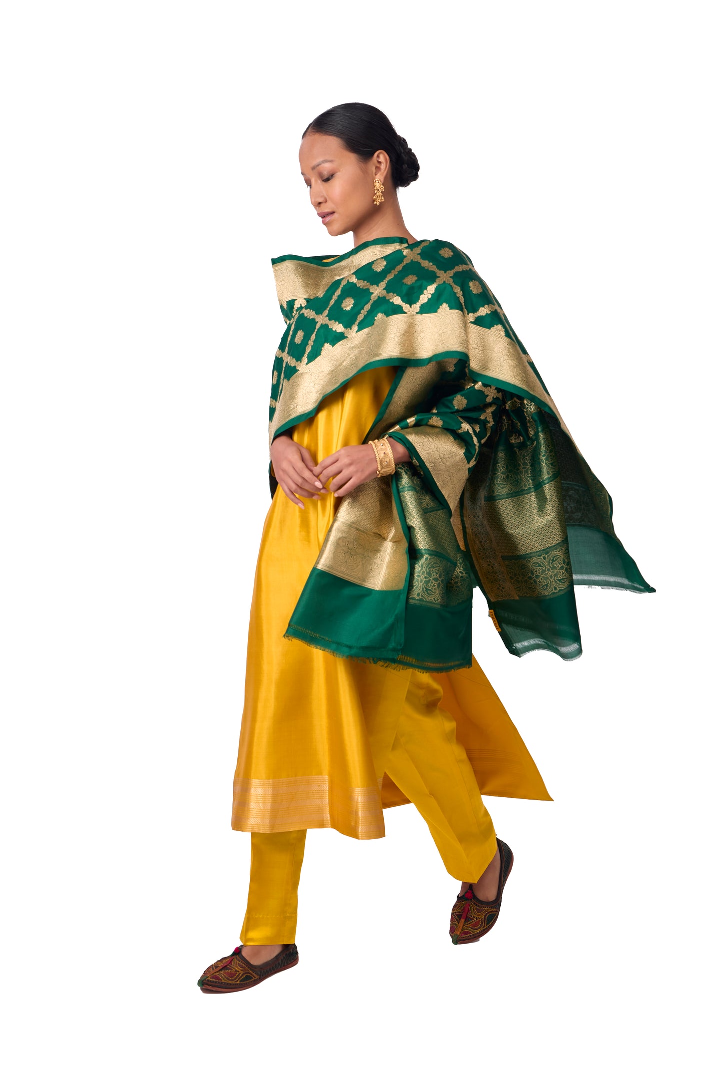 Bottle Green Katan silk Jaal Dupatta