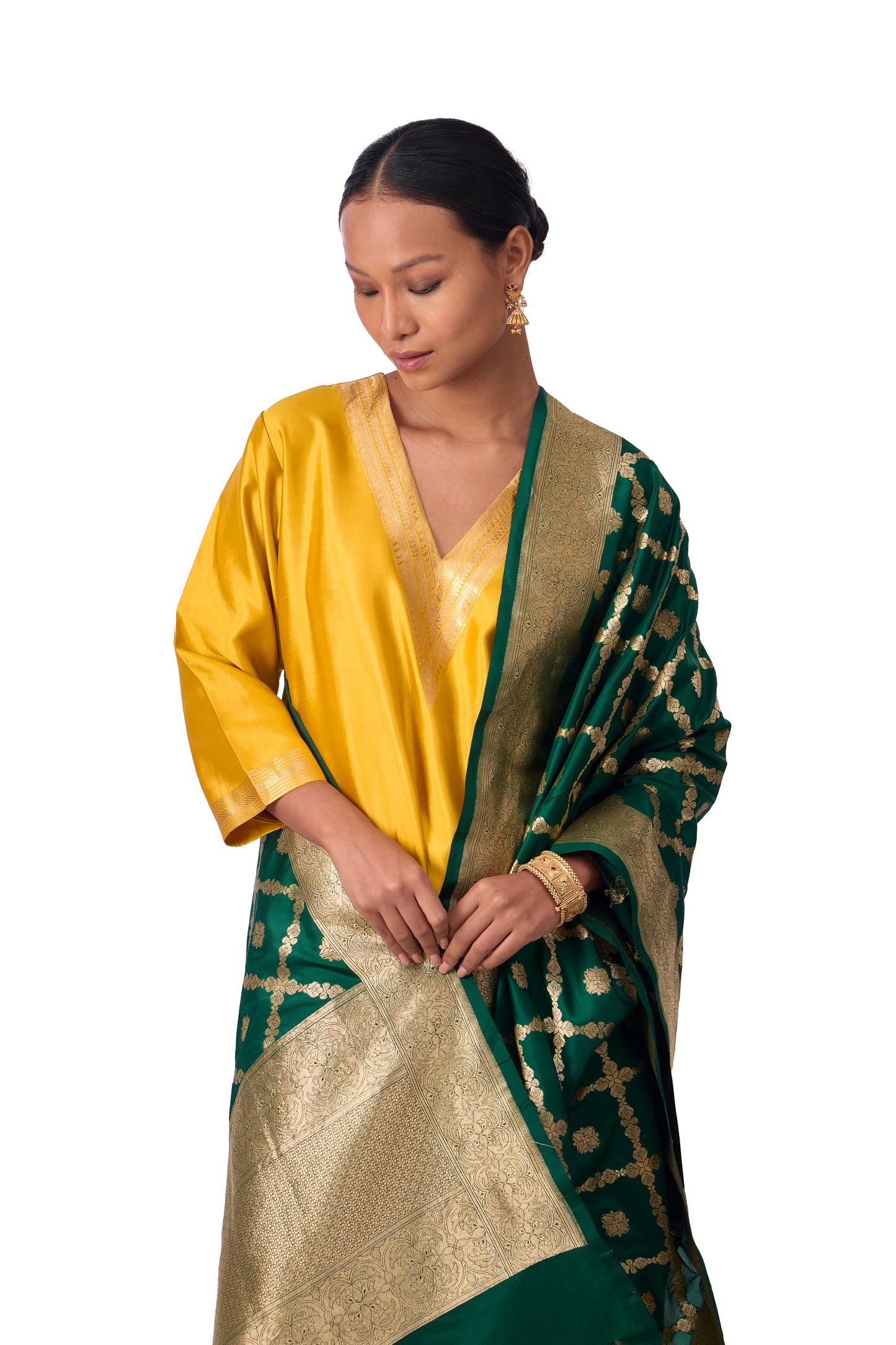 Bottle Green Katan silk Jaal Dupatta