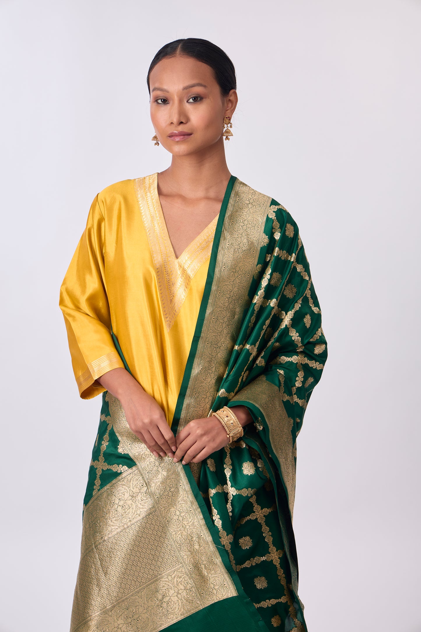 Bottle Green Katan silk Jaal Dupatta