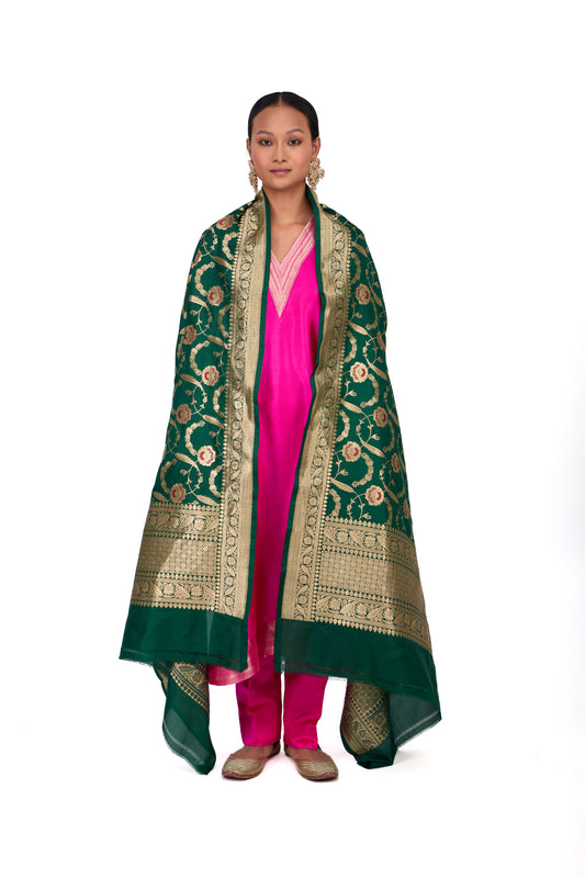 Bottle Green Katan silk Jaal Dupatta