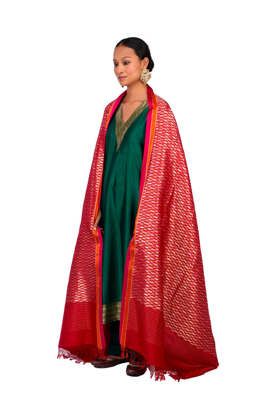 Red katan Silk Mashru Border Dupatta