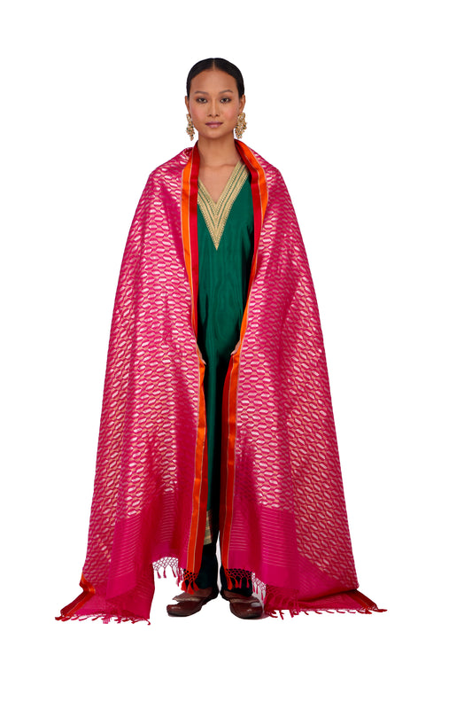 Red katan Silk Mashru Border Dupatta