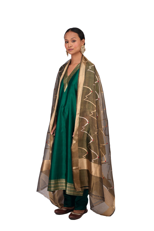 Olive Green Organza tissue kadwa dupatta