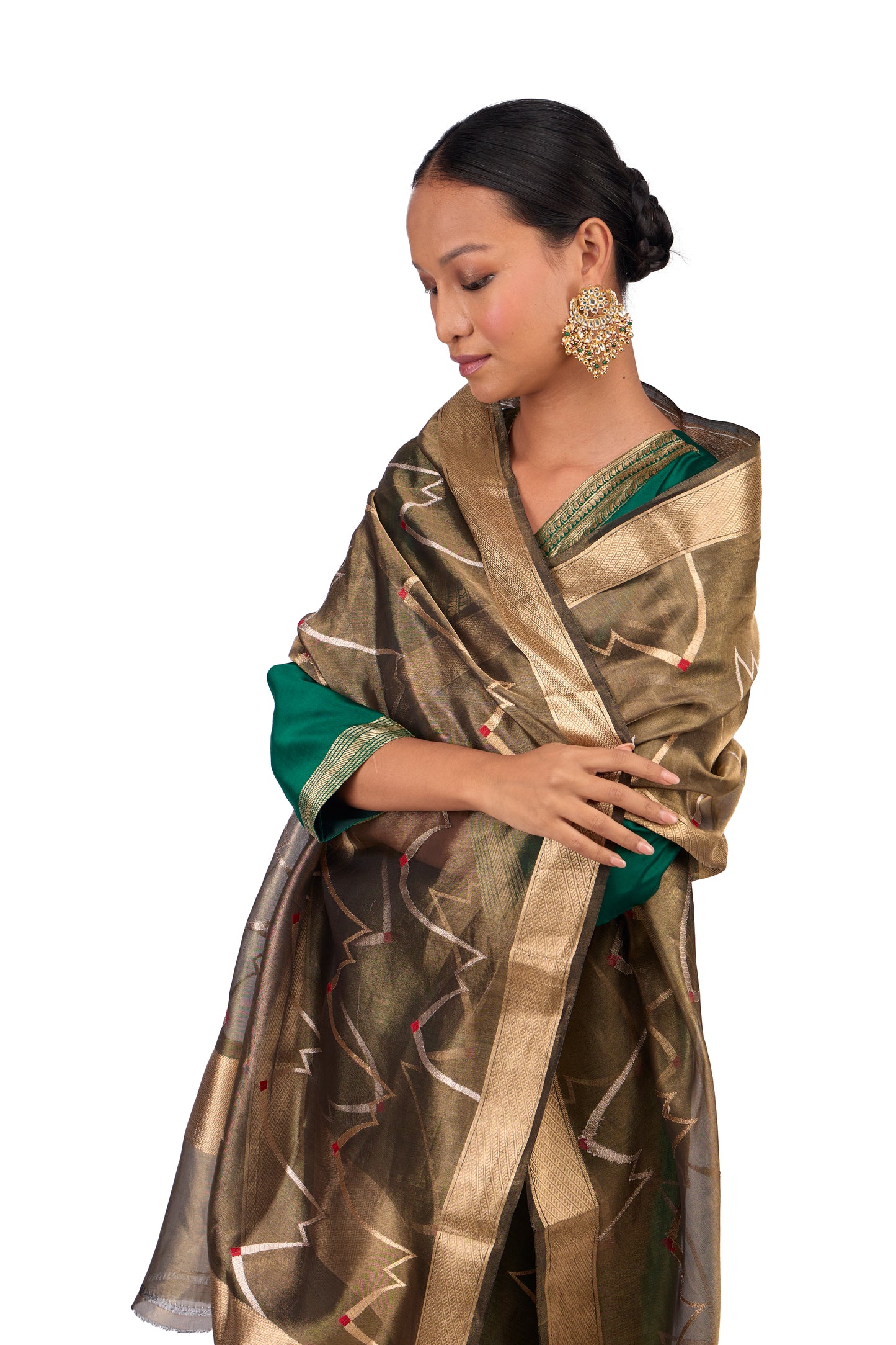 Olive Green Organza tissue kadwa dupatta