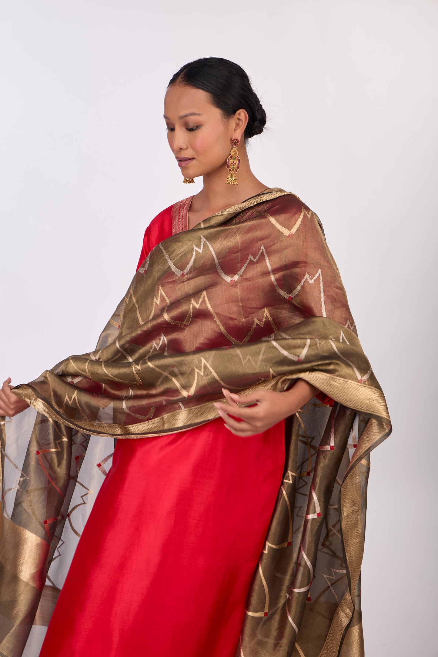 Brown Organza tissue kadwa dupatta