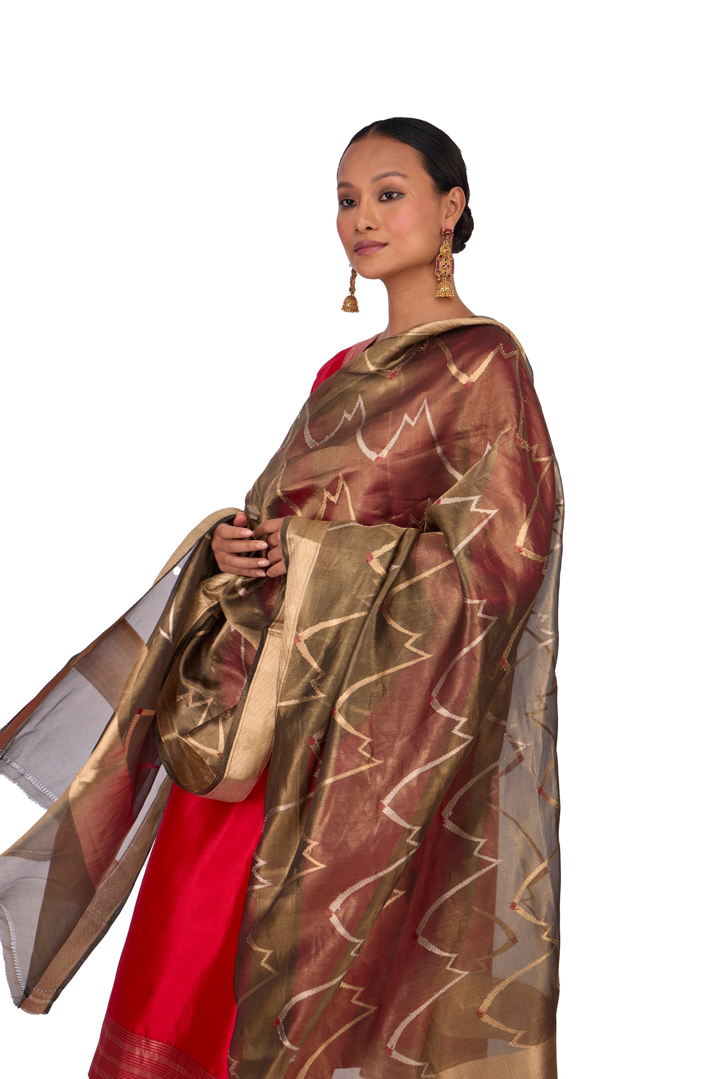 Brown Organza tissue kadwa dupatta