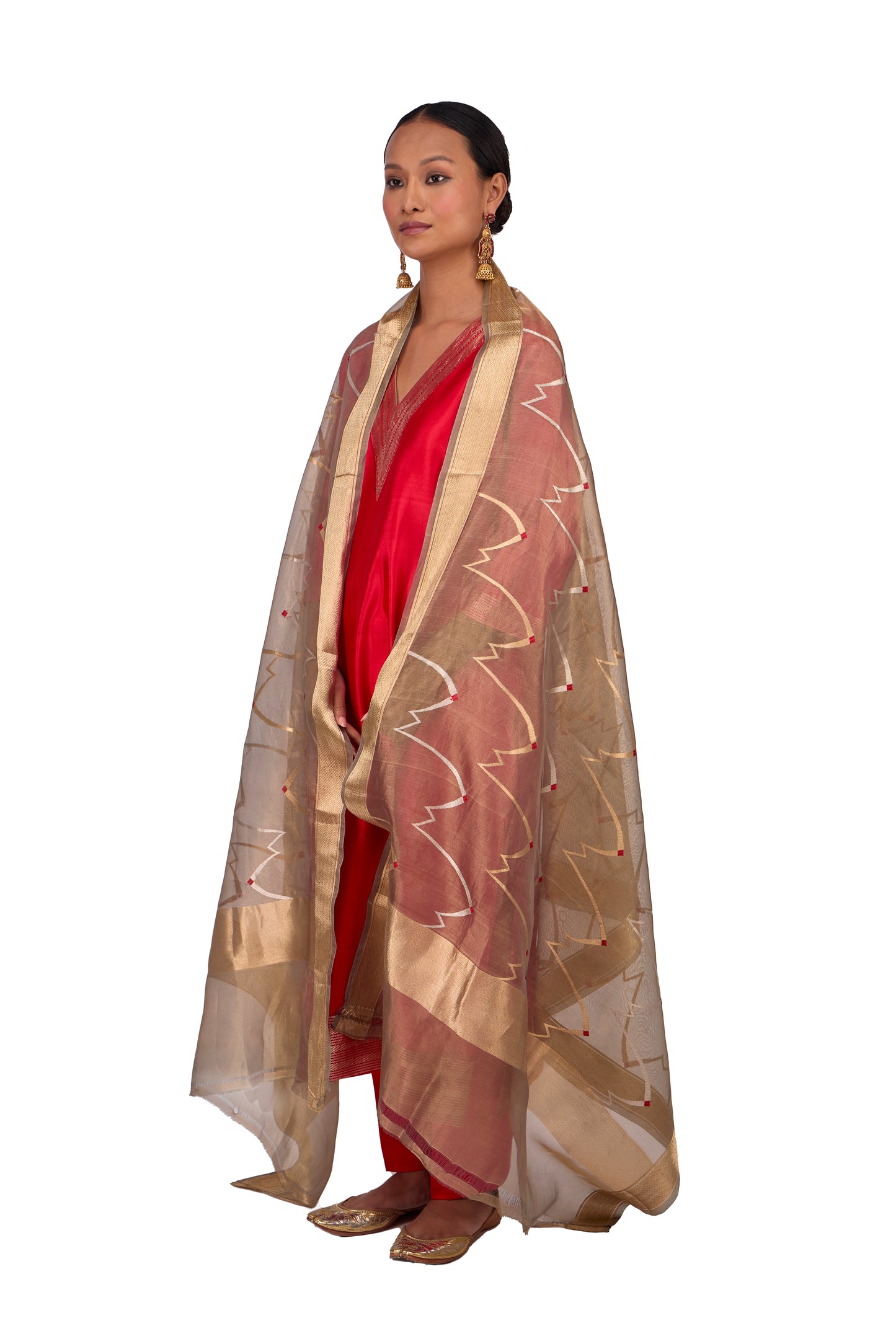 Gold Organza tissue kadwa dupatta