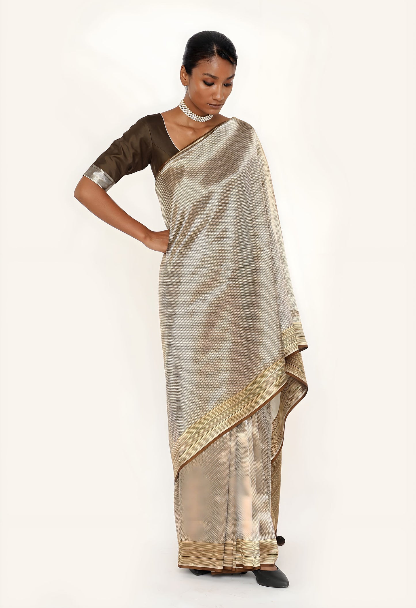 Dhari - BROWN GOLD SILVER JARI