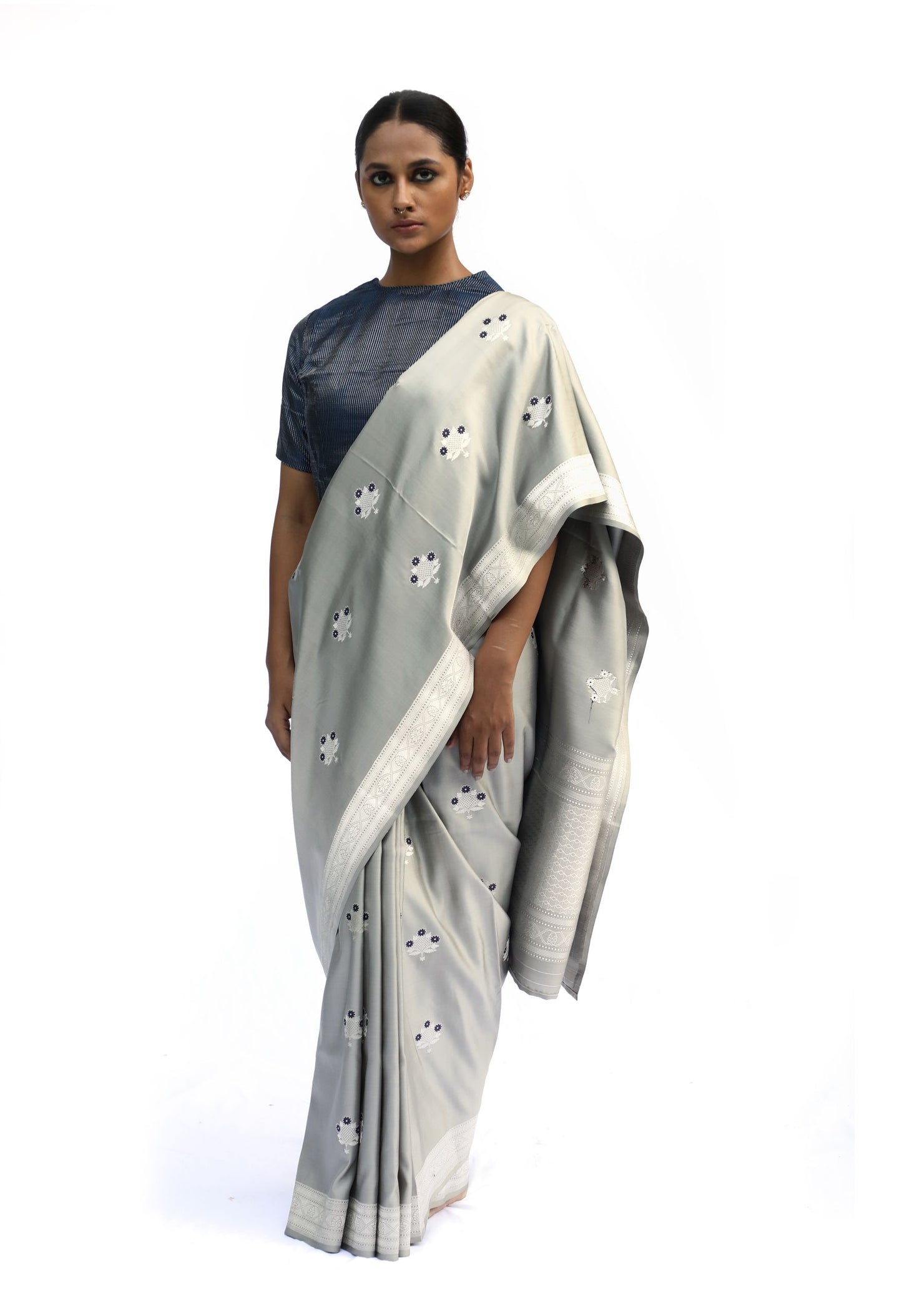 MALAR - grey katan silk saree