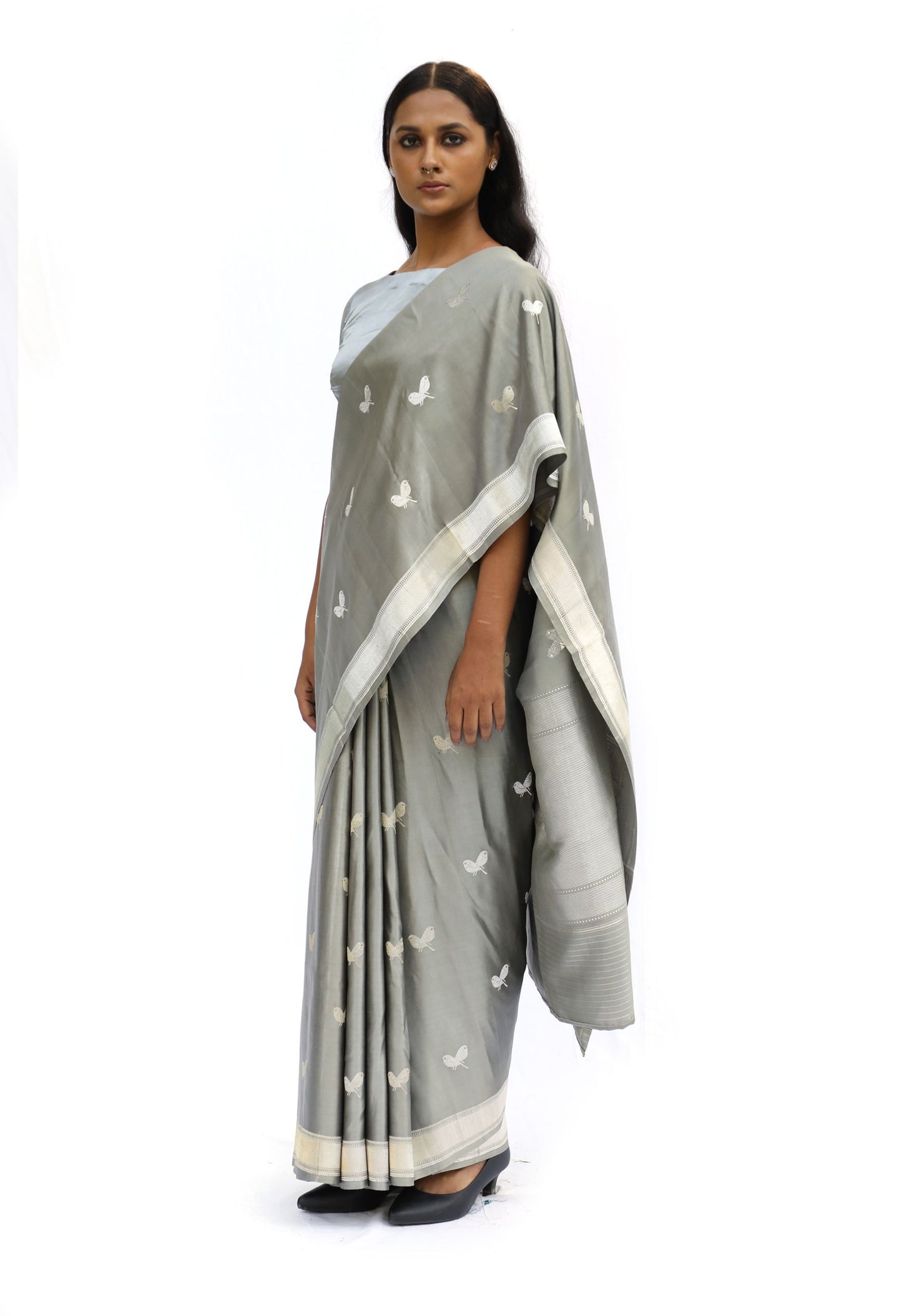 CHIDIYA – mud grey katan silk saree