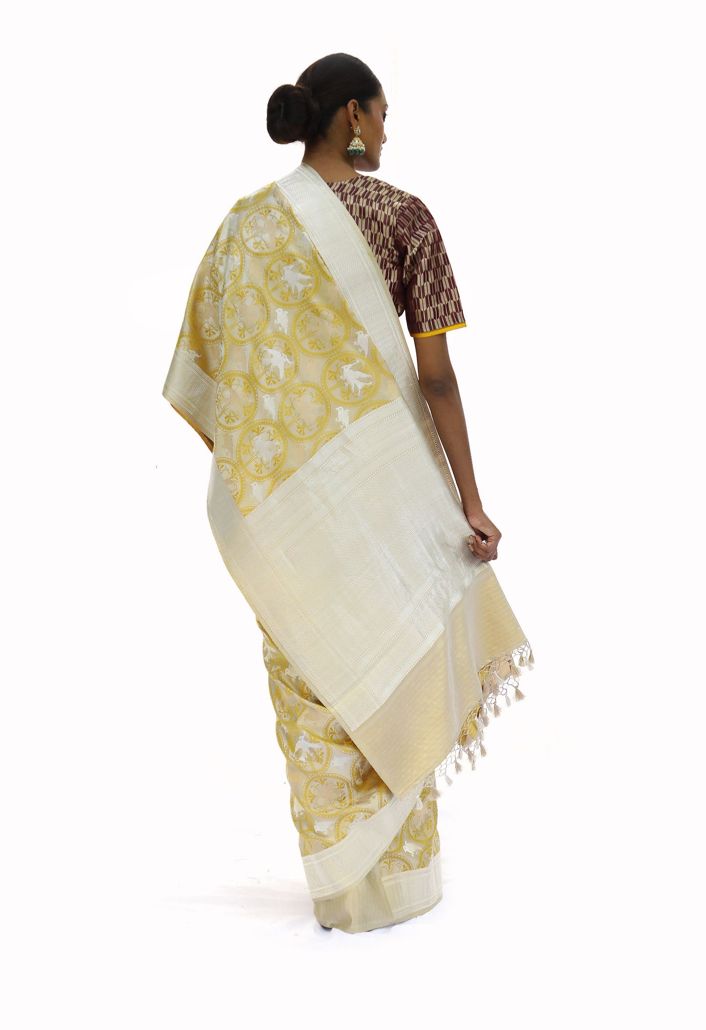 NIHA- mustard yellow katan silk jaal saree