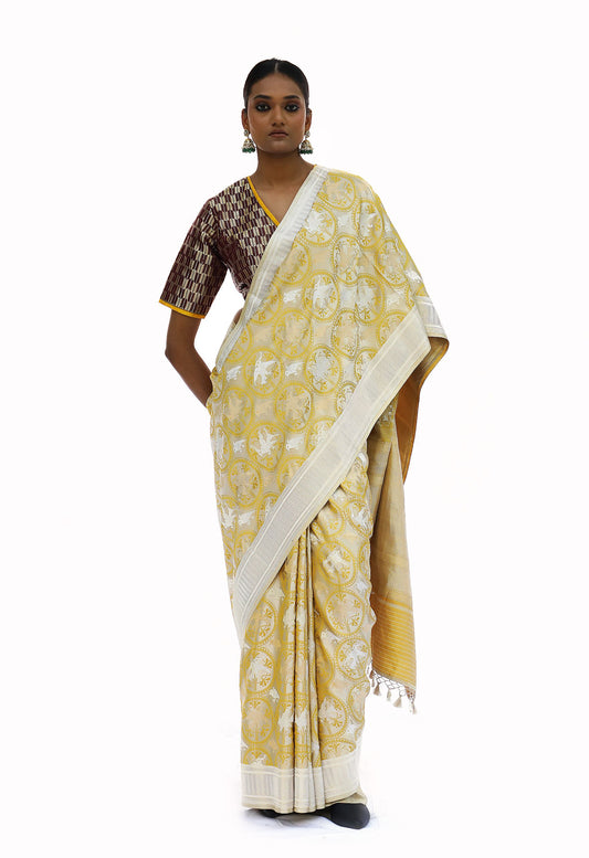 NIHA- mustard yellow katan silk jaal saree