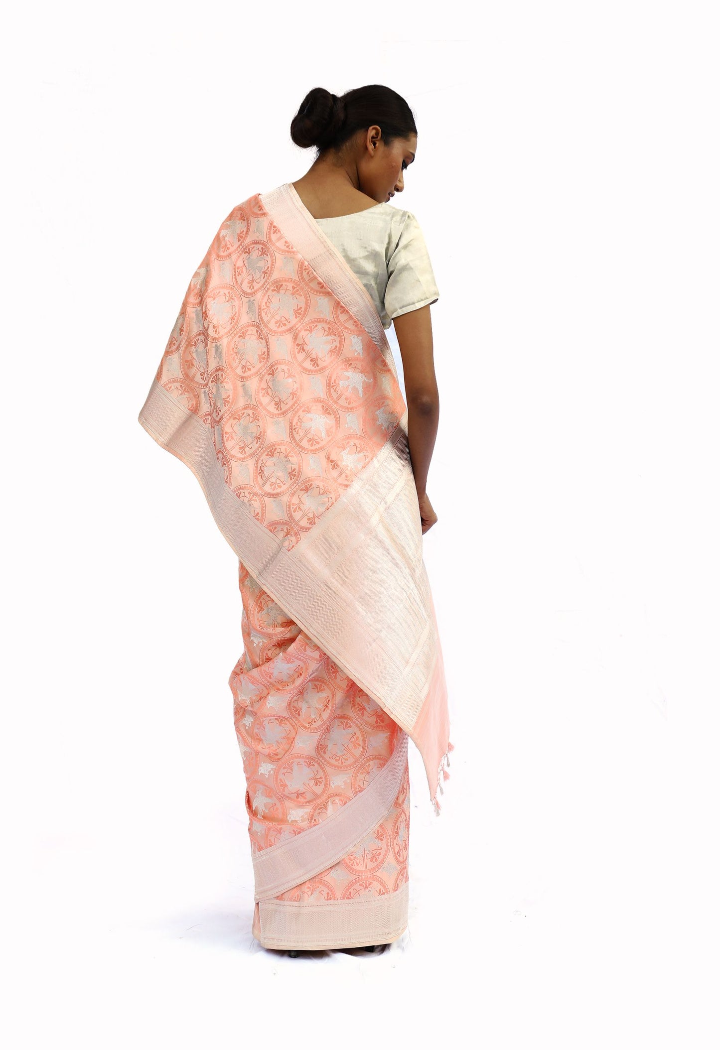 NIHA- peach katan silk jaal saree