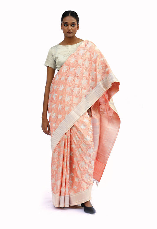 NIHA- peach katan silk jaal saree