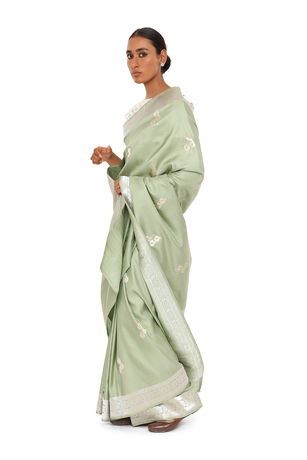 ANSHUL – sage green katan silk saree