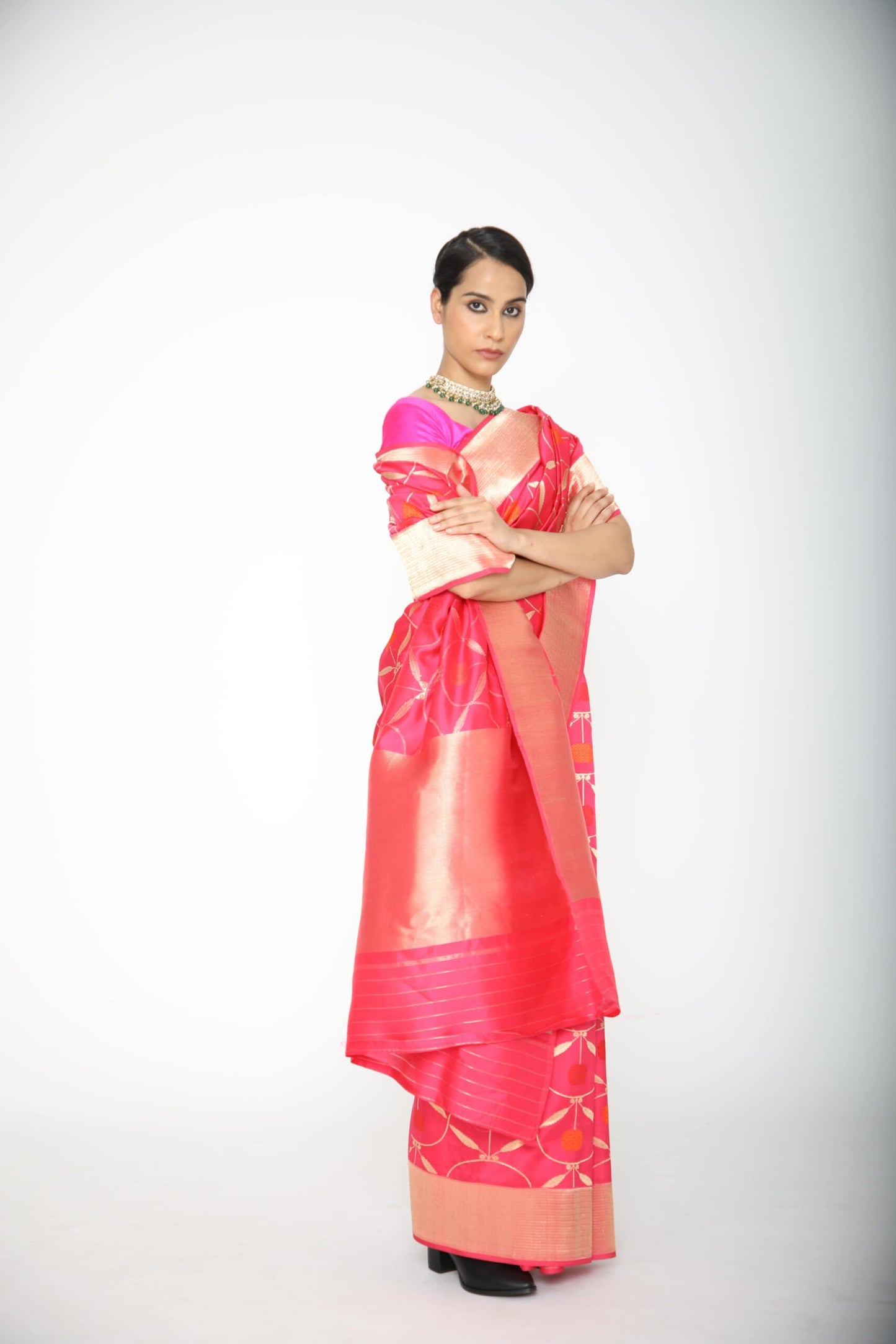 AJILA- rani pink katan silk saree