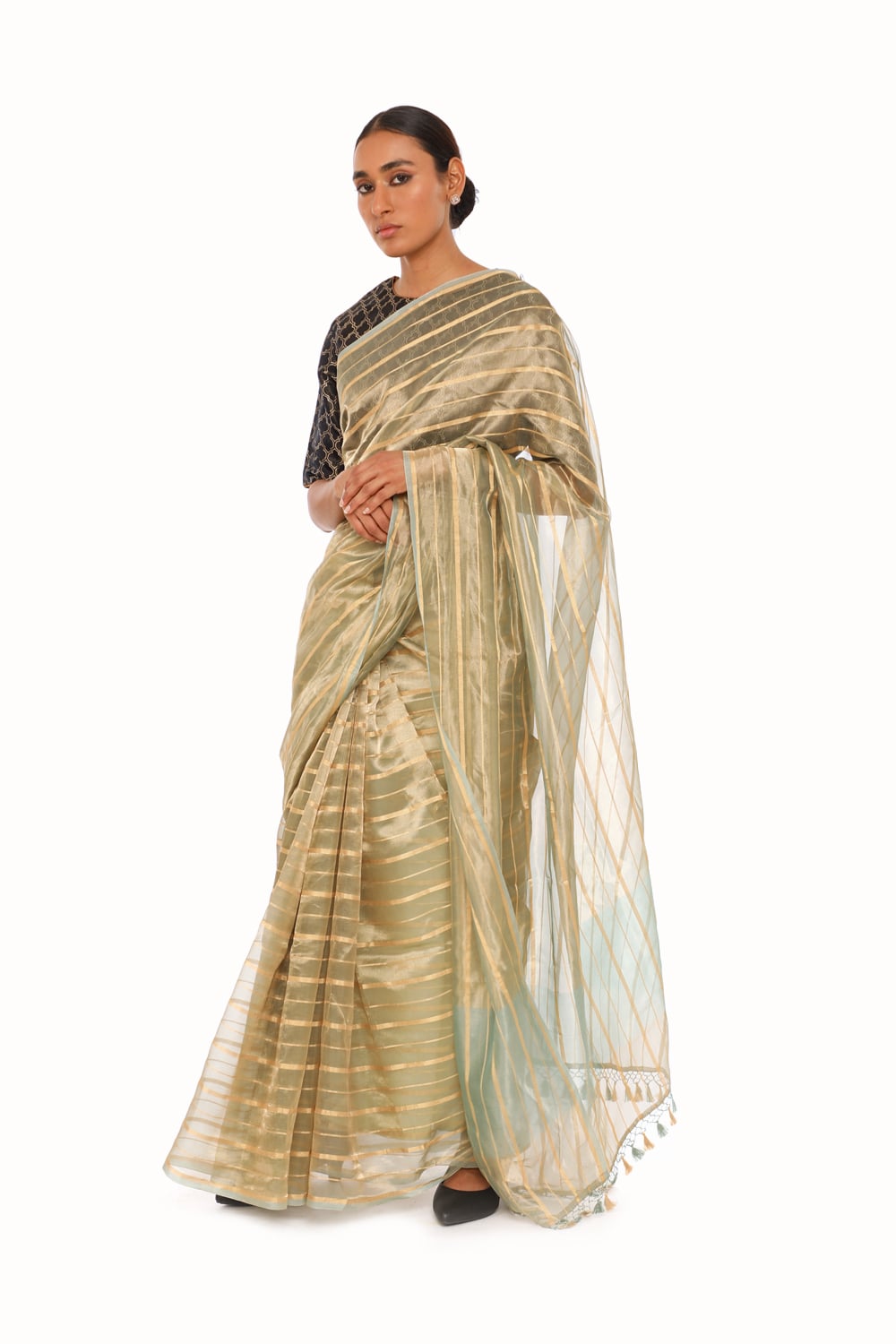 BOA -  Sea Green Organze Tissue Saree