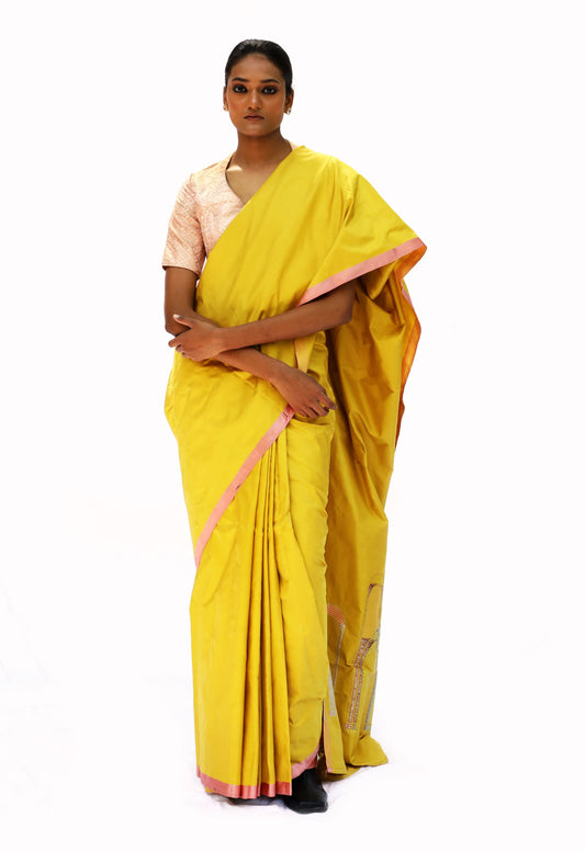 JHAROKHA - Turmeric yellow katan silk saree