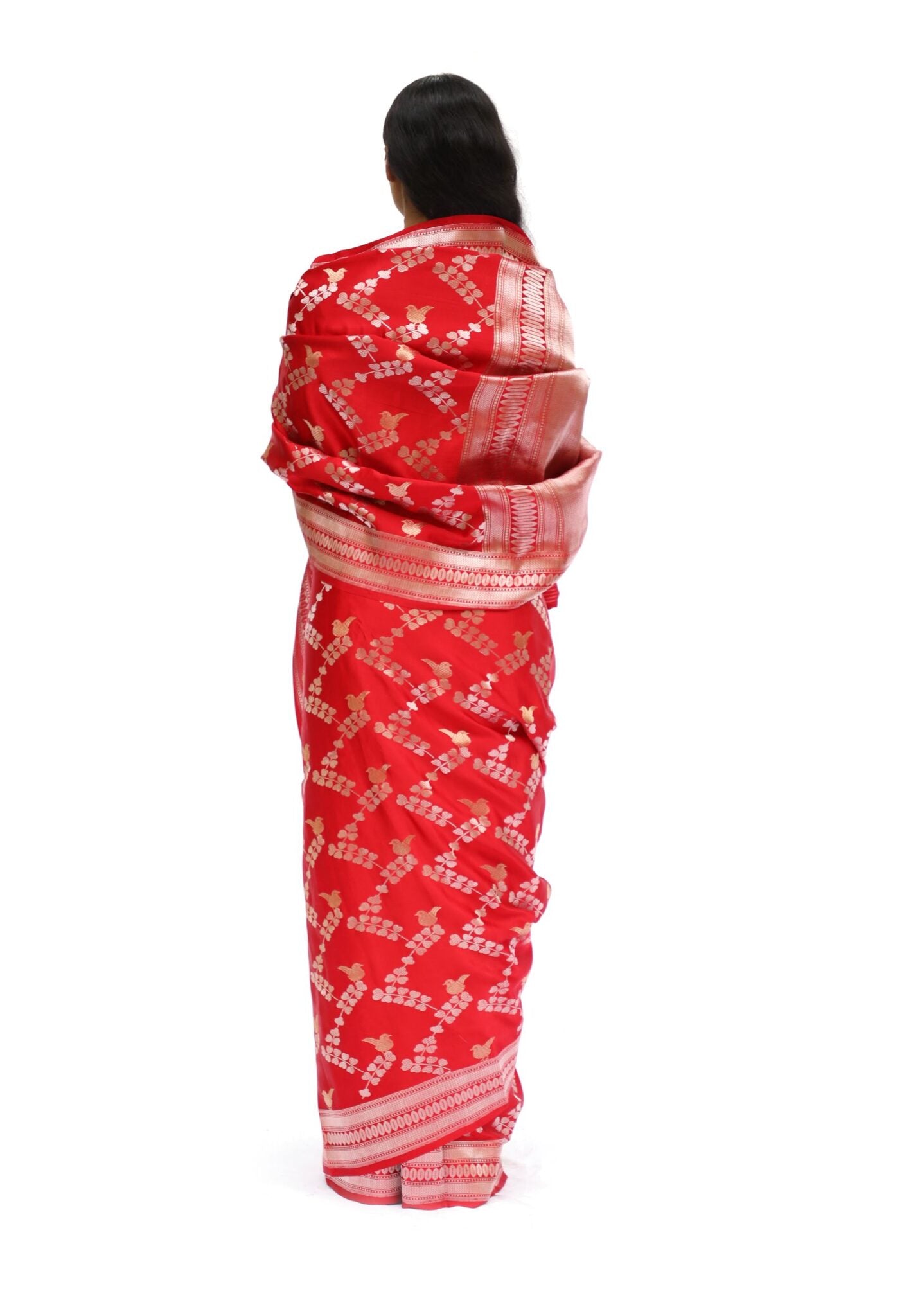 KHARGOSH – vermillion red jaal katan silk saree