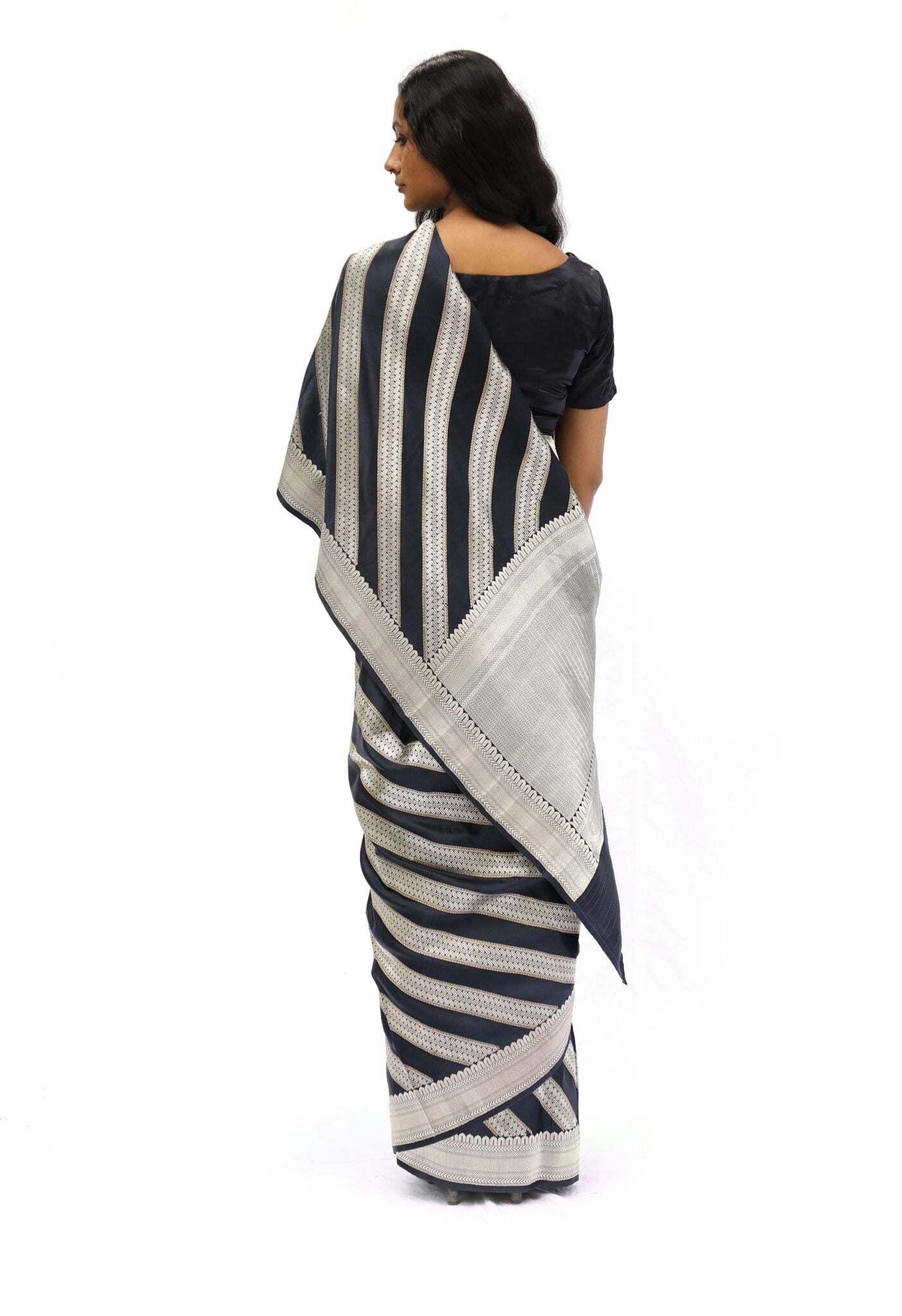 AVAN - black and silver stripped saree