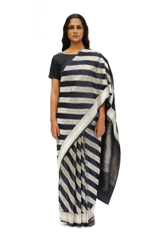 AVAN - black and silver stripped saree