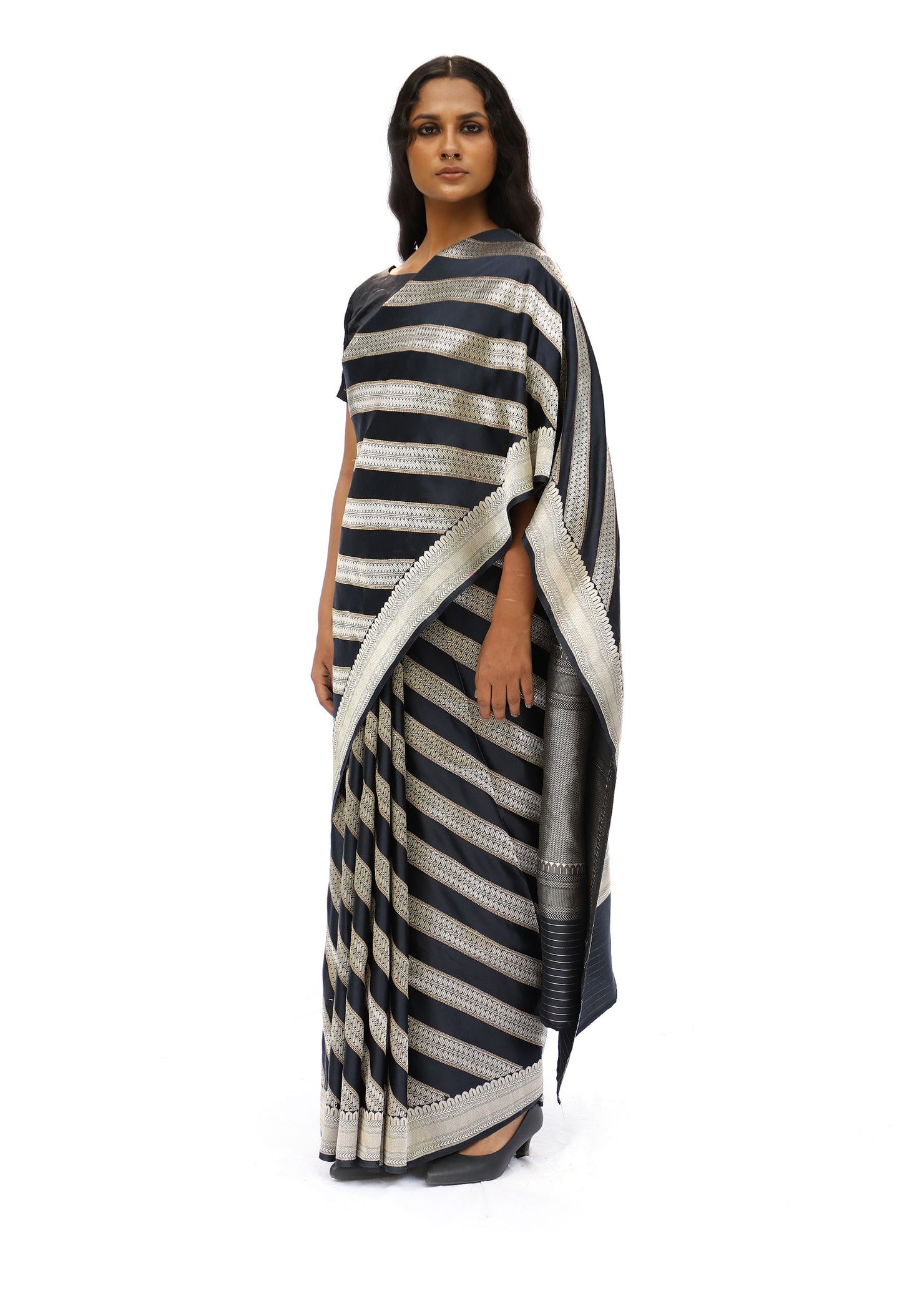 AVAN - black and silver stripped saree