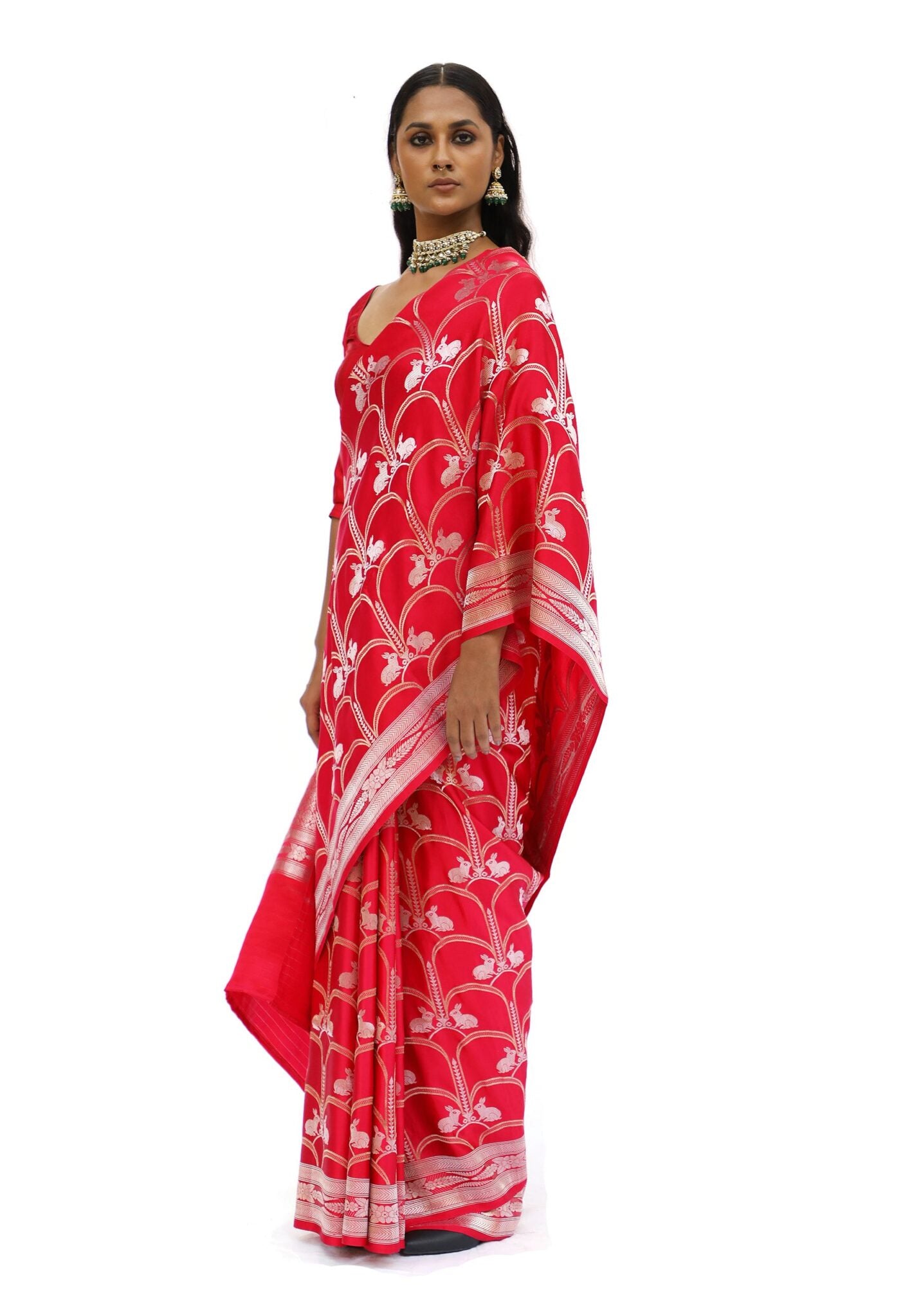 KHARGOSH – vermillion red jaal katan silk saree