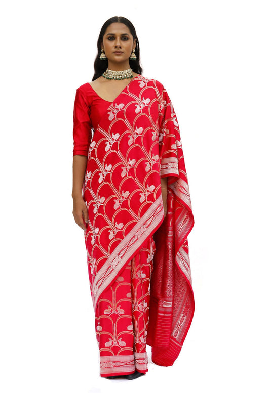 KHARGOSH – vermillion red jaal katan silk saree