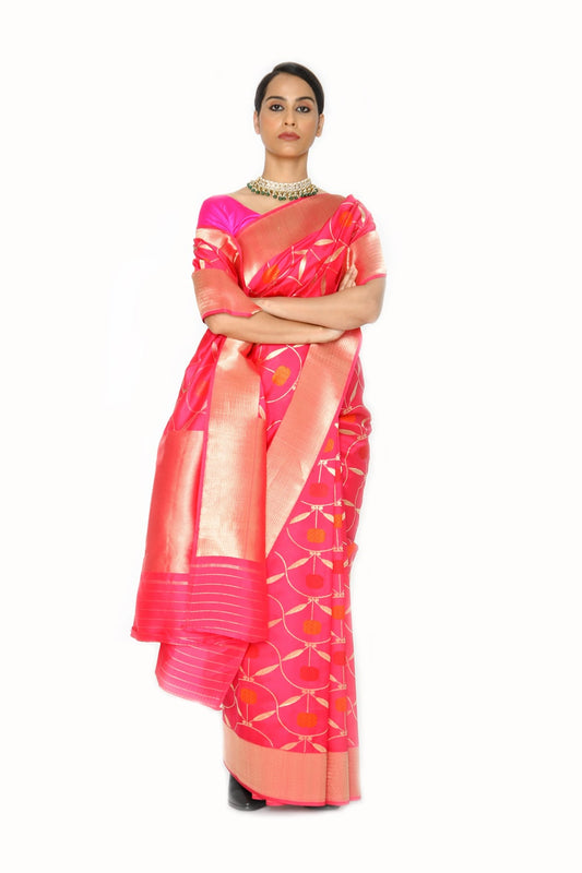 AJILA- rani pink katan silk saree