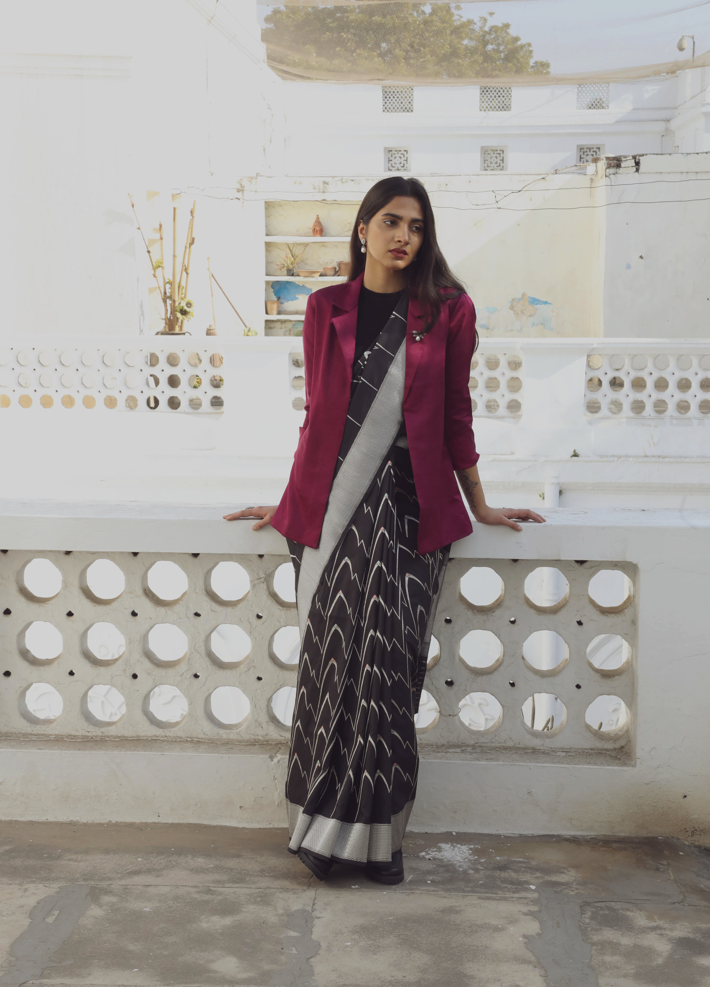Blazer on saree | Trendy blouse designs, Saree look, Draping fashion